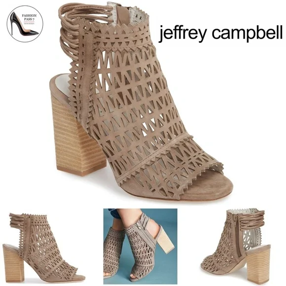 JEFFREY CAMPBELL Ottawa Taupe Suede Leather Sandal Block Heel Open Toe Bootie 10 - Picture 2 of 14